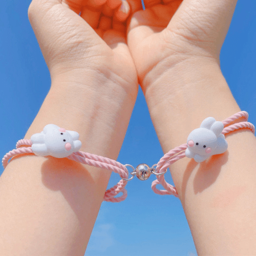 Bracelet d'Amitié pour 2 rose et son pendentif lapin