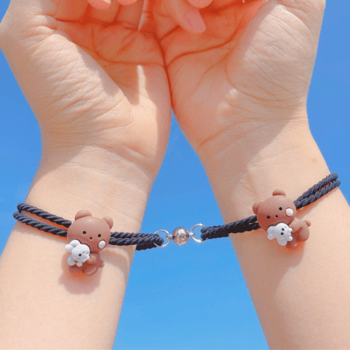 Bracelet d'Amitié pour 2 noir avec un pendentif en forme d'ours