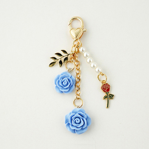 Porte Clé Fleur Rose Camélia bleu