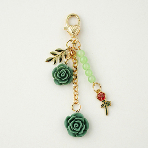 Porte Clé Fleur Rose Camélia vert